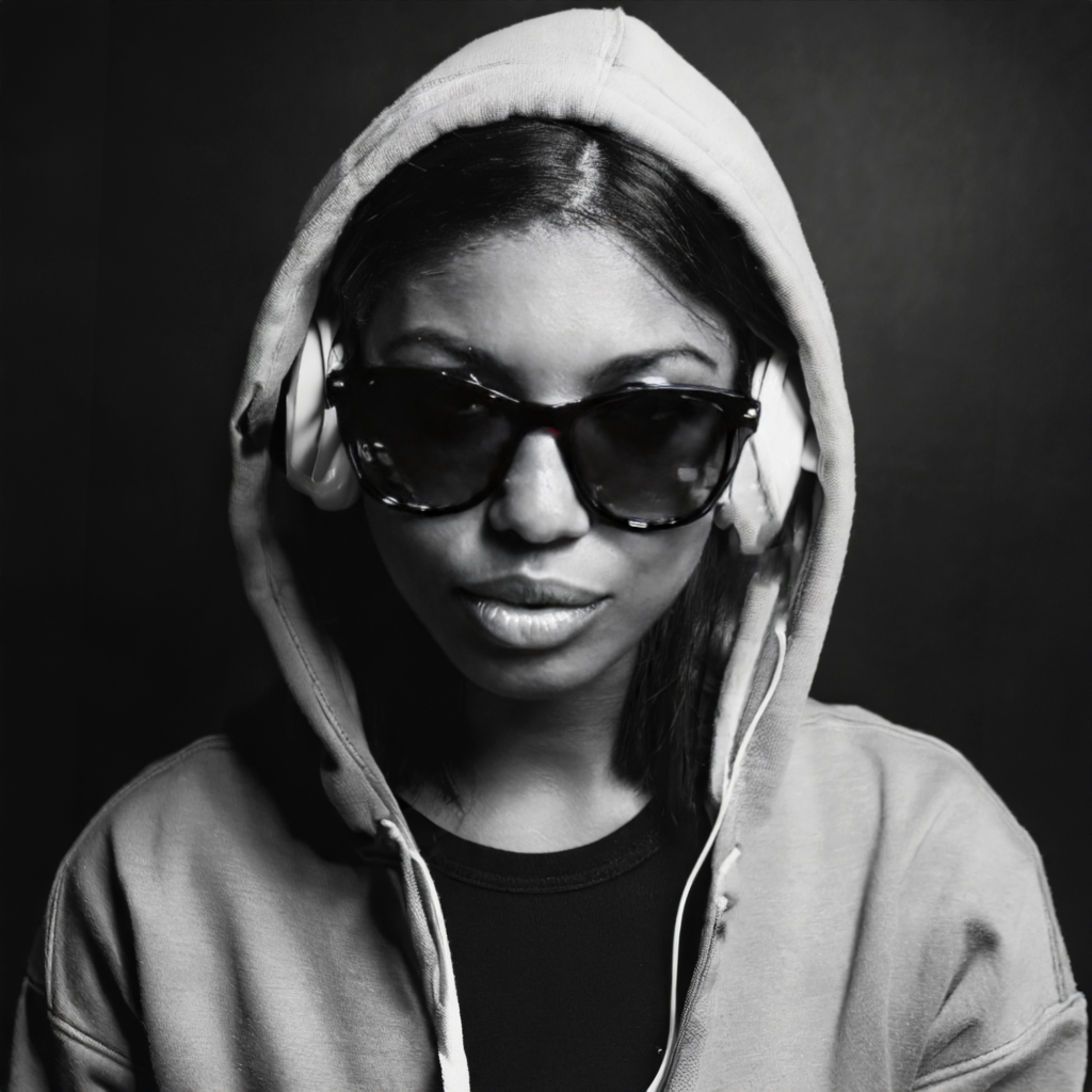 Femme avec un casque audio. Cette photo représente une artiste musicale plus particulièrement une rappeuse. La photo est en noir et blanc.